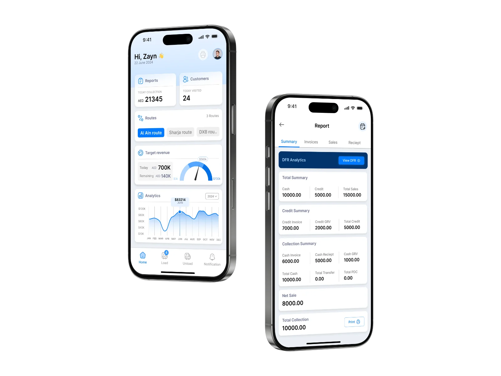 Nellara sales app — home and daily report screens