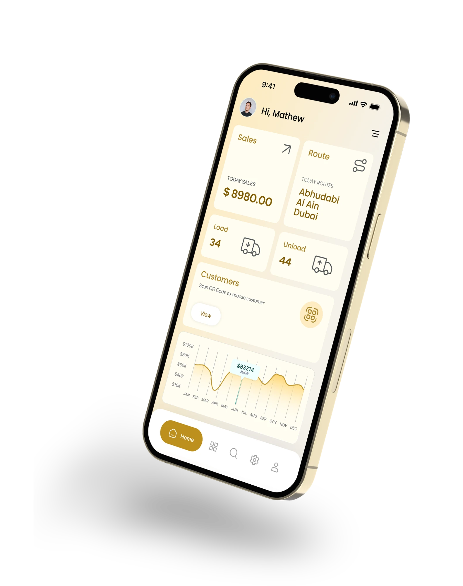 Van sales mobile app dashboard on a phone